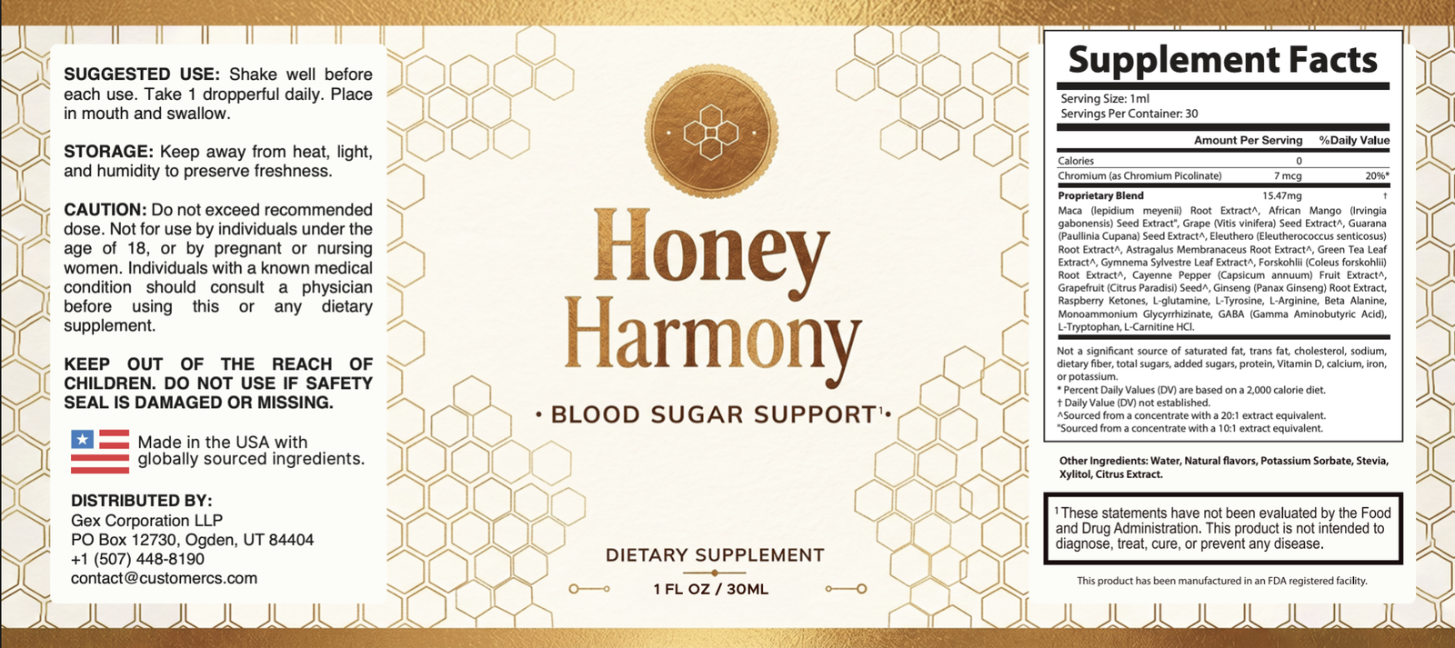 HoneyHarmony supplement facts label