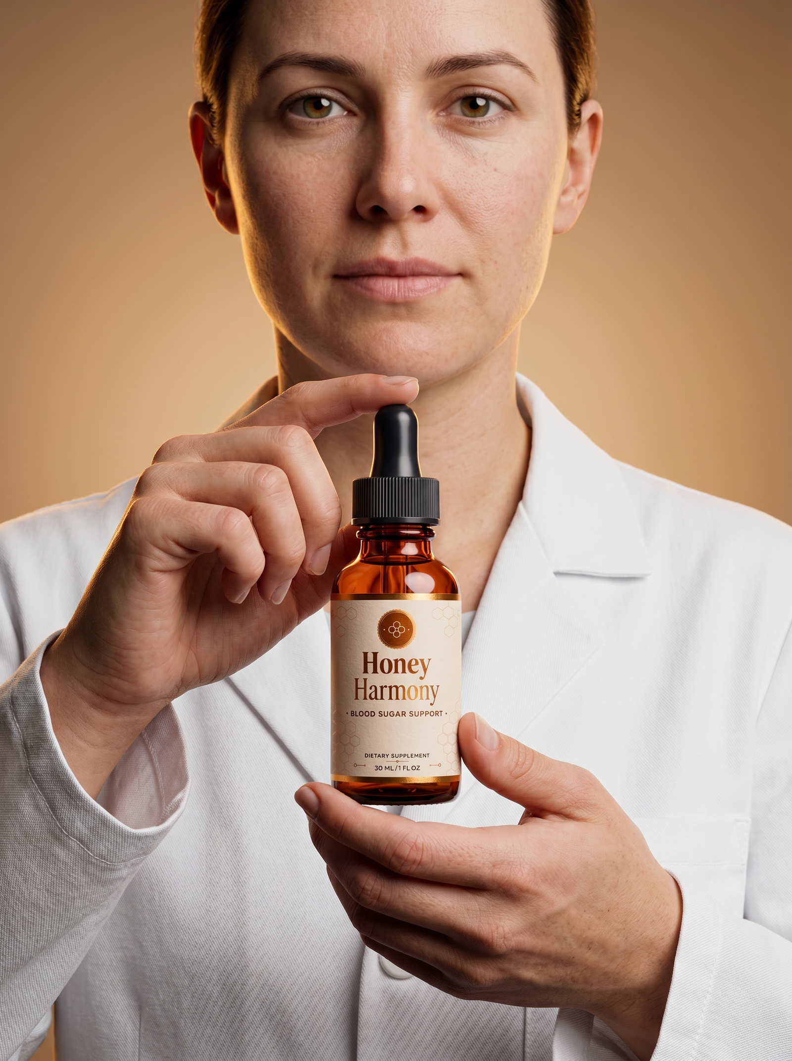 Illustrative portrait of a medical professional holding HoneyHarmony
